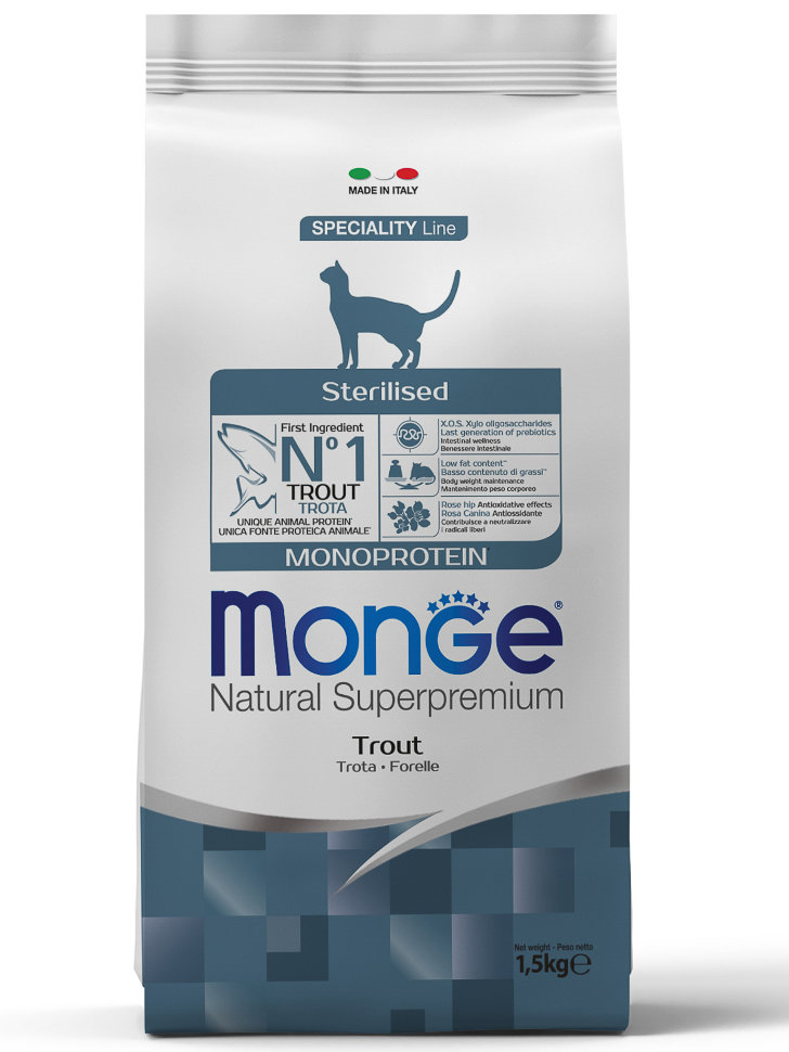 Monge Cat Monoprotein Sterilised корм для стерилизованных кошек с форелью 