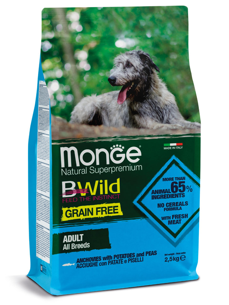 Monge Dog BWild GRAIN FREE беззерновой корм из анчоуса c картофелем и горохом для собак всех пород 