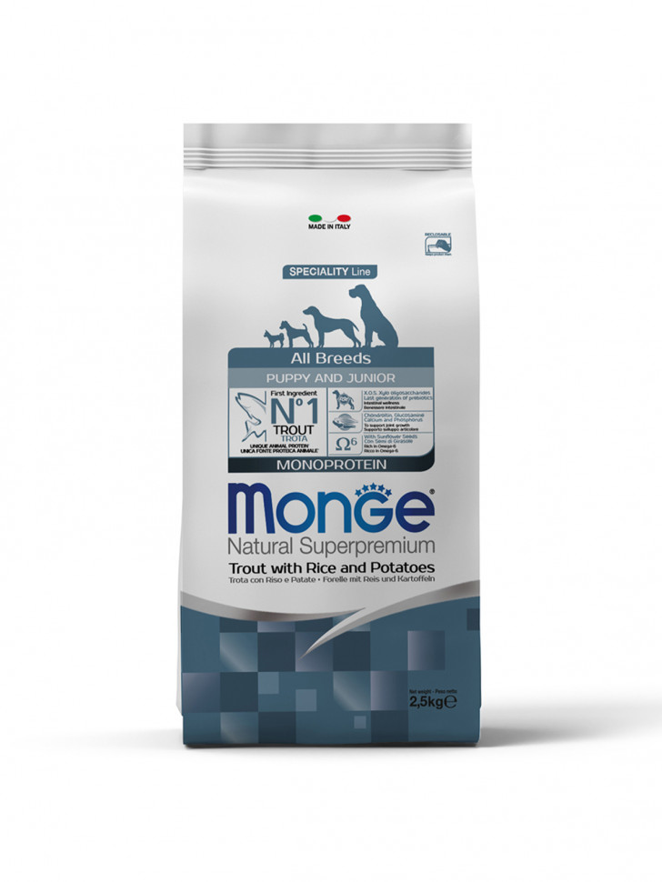 Monge Dog Speciality Line Monoprotein для щенков всех пород форель с рисом и картофелем 2,5 кг