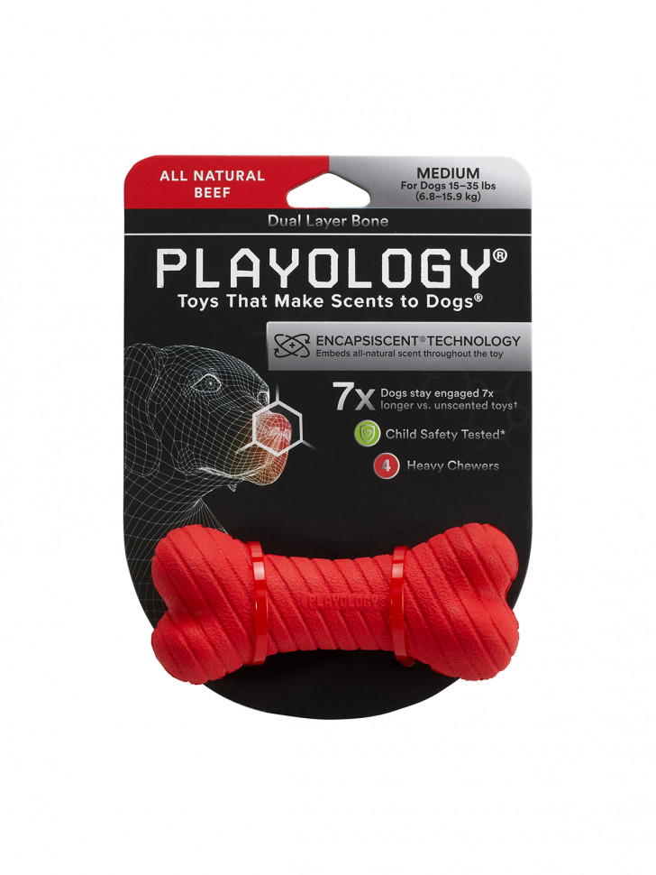 Playology двухслойная жевательная косточка DUAL LAYER BONE для собак средних пород с ароматом говядины, средняя, цвет красный