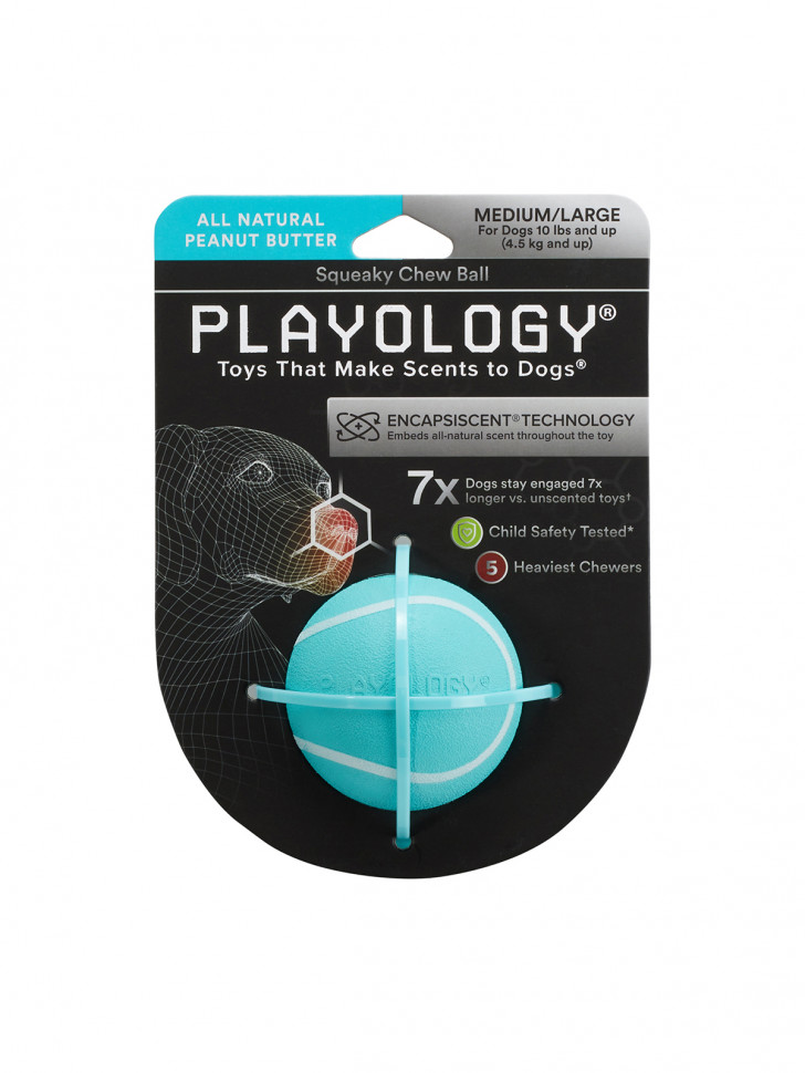Playology жевательный мяч SQUEAKY CHEW BALL 6 см для собак мелких и средних пород с пищалкой и с ароматом арахиса, цвет голубой