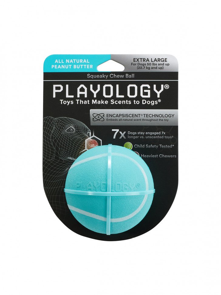 Playology жевательный мяч SQUEAKY CHEW BALL 8 см для собак средних и крупных пород с пищалкой и с ароматом арахиса, цвет голубой