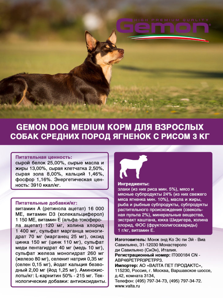 Gemon Dog Medium корм для взрослых собак средних пород ягненок с рисом
