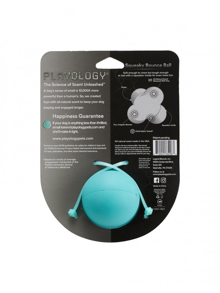 Playology жевательный тройной мяч SQUEAKY BOUNCE BALL для собак средних и крупных пород с пищалкой и с ароматом арахиса, цвет голубой
