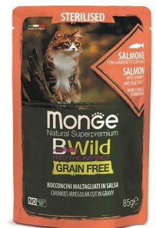Monge Cat BWild GRAIN FREE паучи из лосося с креветками и овощами для стерилизованных кошек 85г