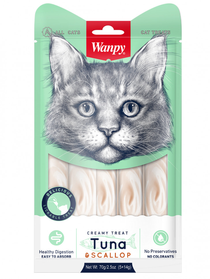 Лакомство Wanpy Cat «нежное пюре» из тунца и гребешка, для кошек, 70 гр.