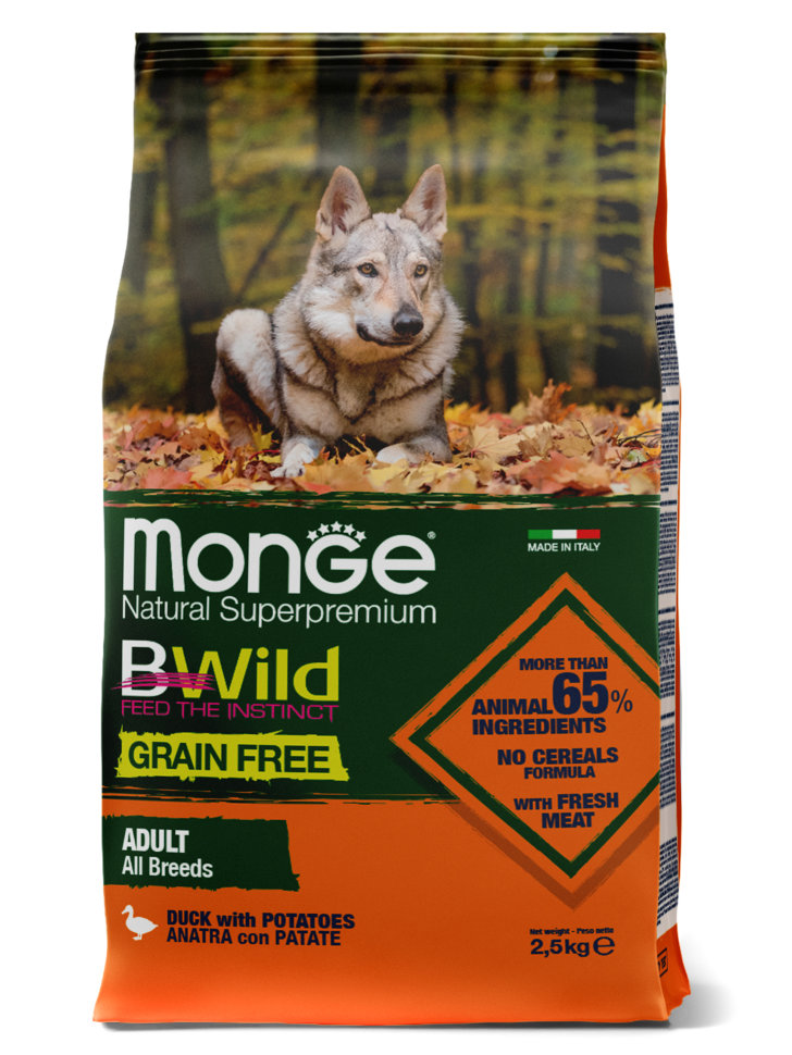 Monge Dog BWild GRAIN FREE беззерновой корм из мяса утки с картофелем для взрослых собак всех пород
